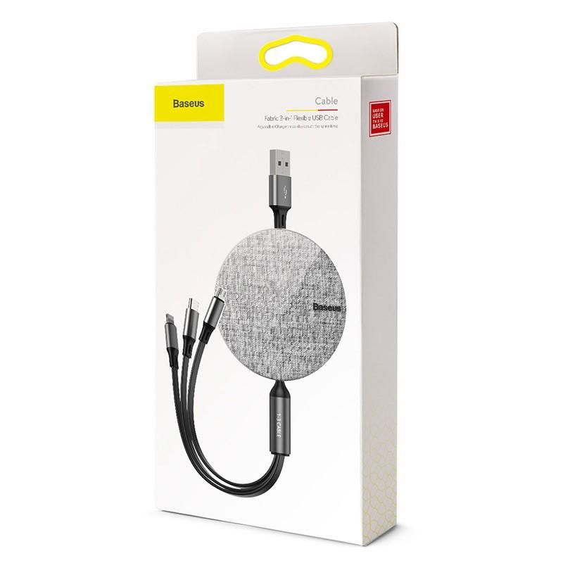 Baseus 3 in 1 Multi USB Charger Cable Retractable 1.2m 3.5A Fast Charging Cord with Lightning, Type C, Micro USB
