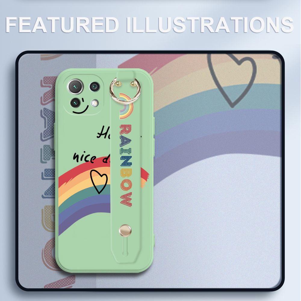 UCUC for Xiaomi Mi 11 Lite Wrist Strap Case INS Style Smile Rainbow Cover Ultra Thin Anti Fall Liquid Silicone Phone Case