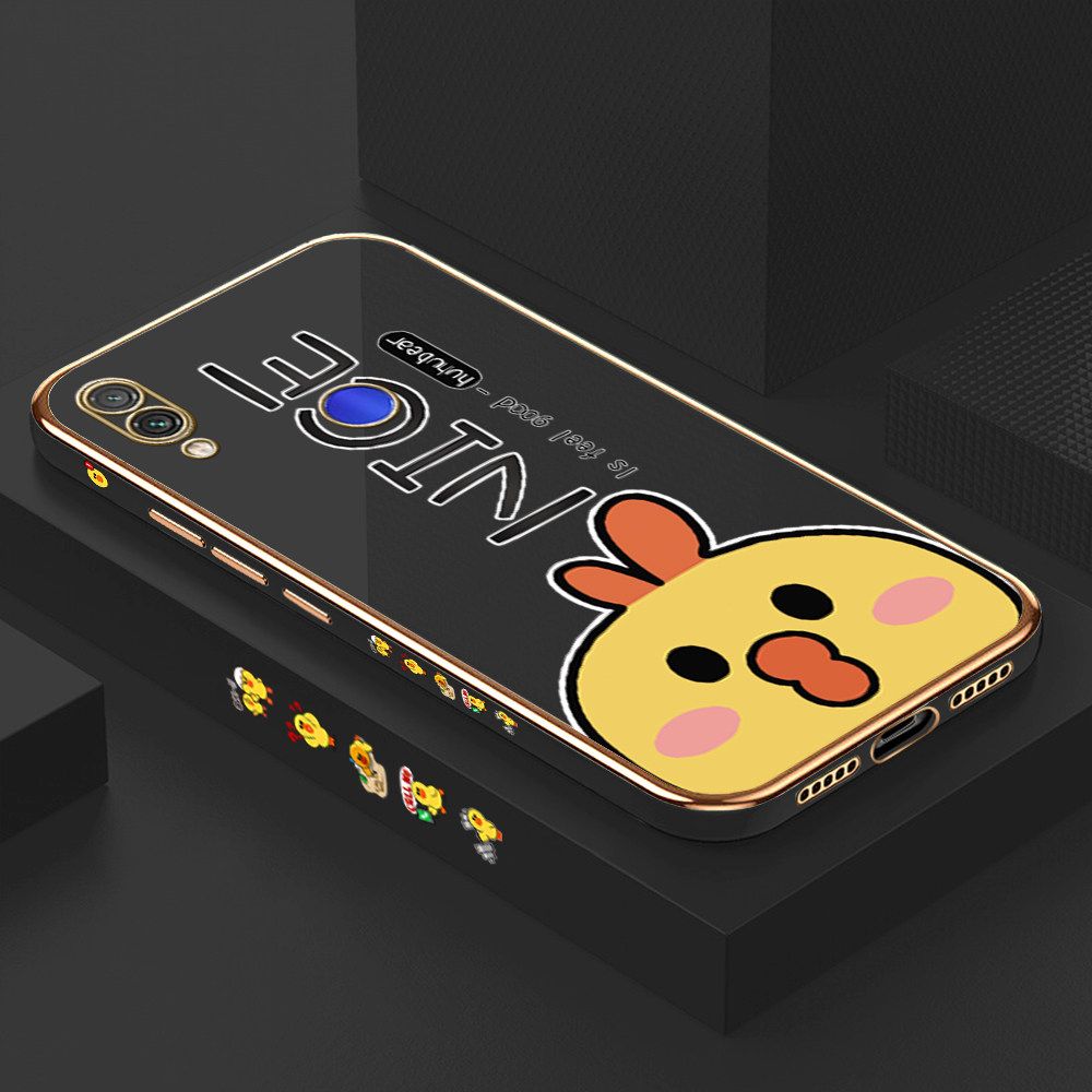Luxury 6D Plating Case for Redmi Note 7 Pro Cute Cartoon Chicken Side Pattern Back Cover Soft Silicone Square Frame Shiny Bling Phone Cases + Free Lanyard