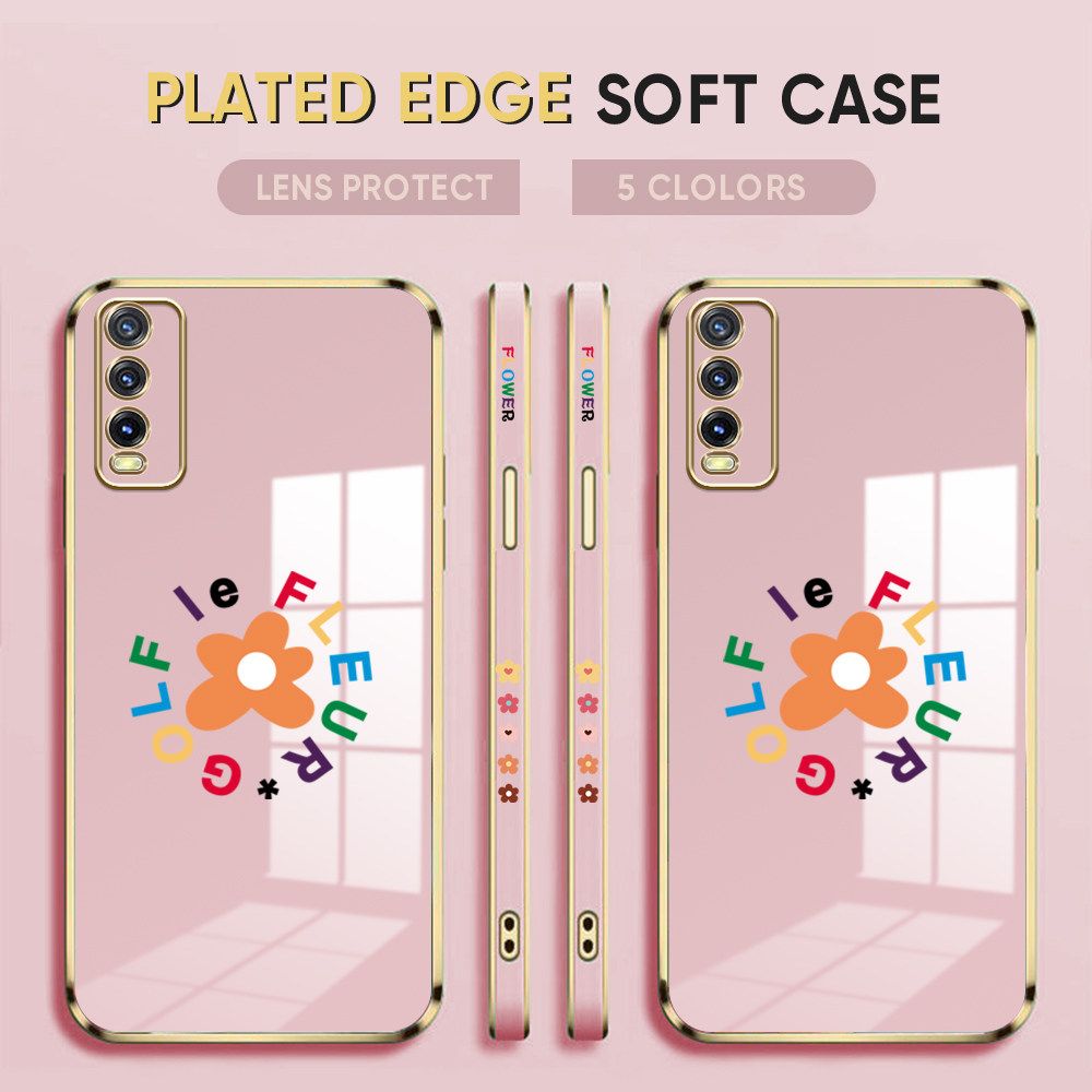 Luxury 6D Plating Case for Vivo Y20i Phone Cases Cartoon Flower Side Print Soft Silicone Square Back Cover