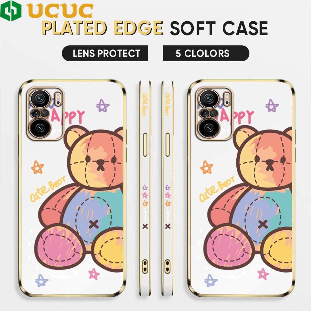 UCUC for Redmi K40 / K40 Pro / Xiaomi Poco F3 Back Cover + Free Lanyard Colorful Muppet Bear Luxury 6D Plating Case Side Pattern Soft Silicone Square Phone Cases