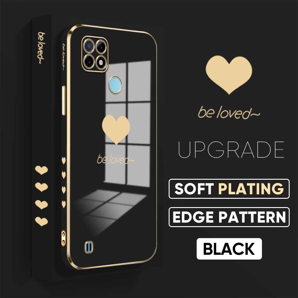 TA for Realme C21Y / Realme C25Y Back Cover + Free Lanyard Simple Love Luxury 6D Plating Case Side Pattern Soft Silicone Square Phone Cases