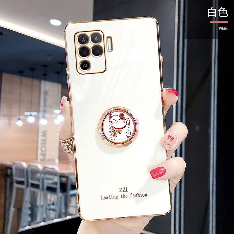 For OPPO F19 Pro Cover + Ring Holder Stand Shiny Plating Square Bumper Phone Case Lens Protection Soft Silicone Shockproof Protective Back Cover