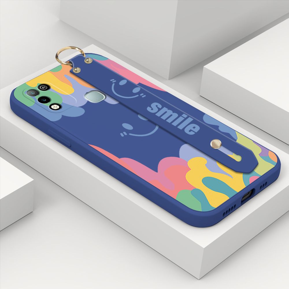 ZeroQiQi for Infinix Hot 10 Play Wrist Strap Case Soft Candy Color Splash Ink Cover Trend Square Printed Pattern Liquid Silicone Phone Case