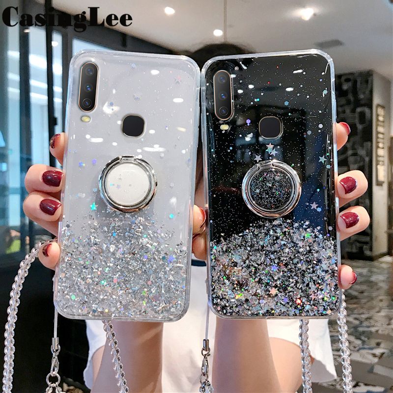 Casinglee for VIVO Y11 case Shiny Ring Glitter Soft Transparent Holder Stand Back cover with String for VIVO Y11 Phone cases cover Stars Moon Girls For girls and Boys