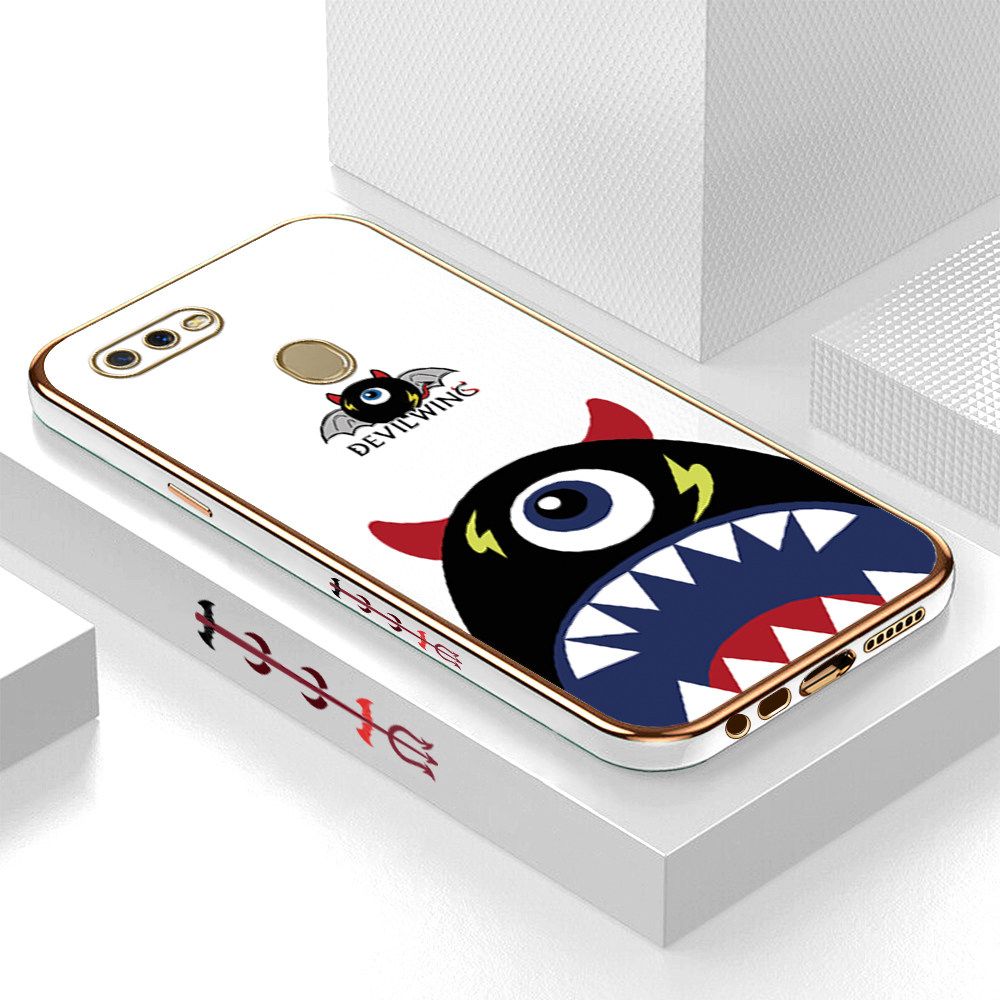 Luxury 6D Plating Case for OPPO A12S Cartoon One-eyed Devil Wing Side Pattern Back Cover Soft Silicone Square Frame Shiny Bling Phone Cases + Free Lanyard