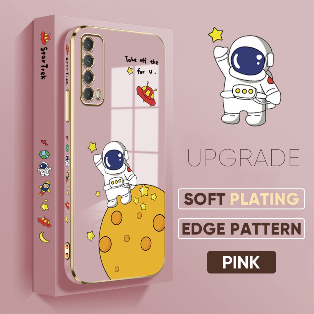 TA for Huawei Y7A Back Cover + Free Lanyard Planet Astronaut Luxury 6D Plating Case Side Pattern Soft Silicone Square Phone Cases