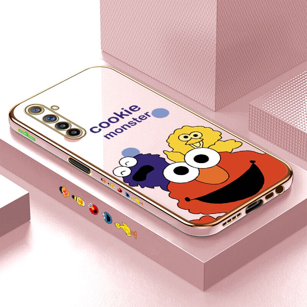 Luxury 6D Plating Case for Realme 6 Three Little Monsters Side Pattern Back Cover Soft Silicone Square Phone Cases + Free Lanyard