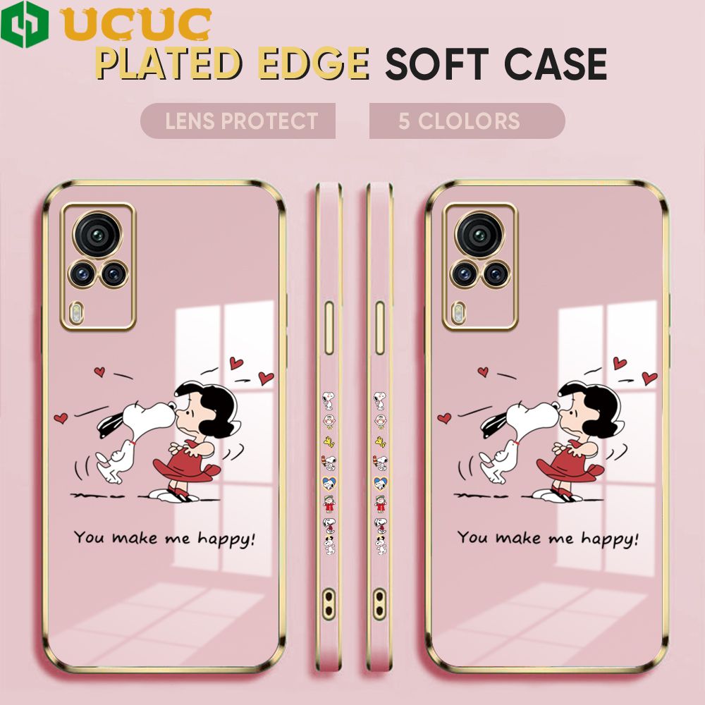 UCUC for Vivo X60 Pro Back Cover + Free Lanyard Happy Puppy Luxury 6D Plating Case Side Pattern Soft Silicone Square Phone Cases