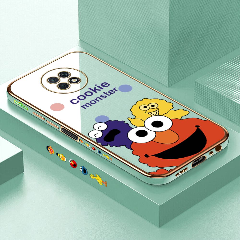 Luxury 6D Plating Case for Xiaomi Redmi Note 9T Color Cute Cartoon Sesame Monsters Side Pattern Back Cover Soft Silicone Square Frame Shiny Bling Phone Cases + Free Lanyard