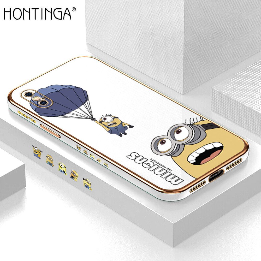 Hontinga for iPhone X/XS Back Cover + Free Lanyard Luxury 6D Plating Yellow Cartoon Character Pattern Case Soft Silicone Square Phone Cases