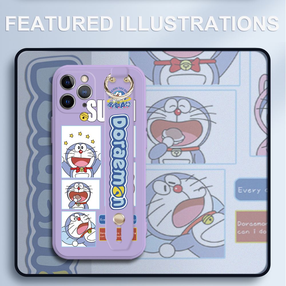 UCUC for iPhone 11 Pro Wrist Strap Case Creative Cartoon Doraemon's Daily Life Cover Ultra Thin Anti Fall Liquid Silicone Phone Case