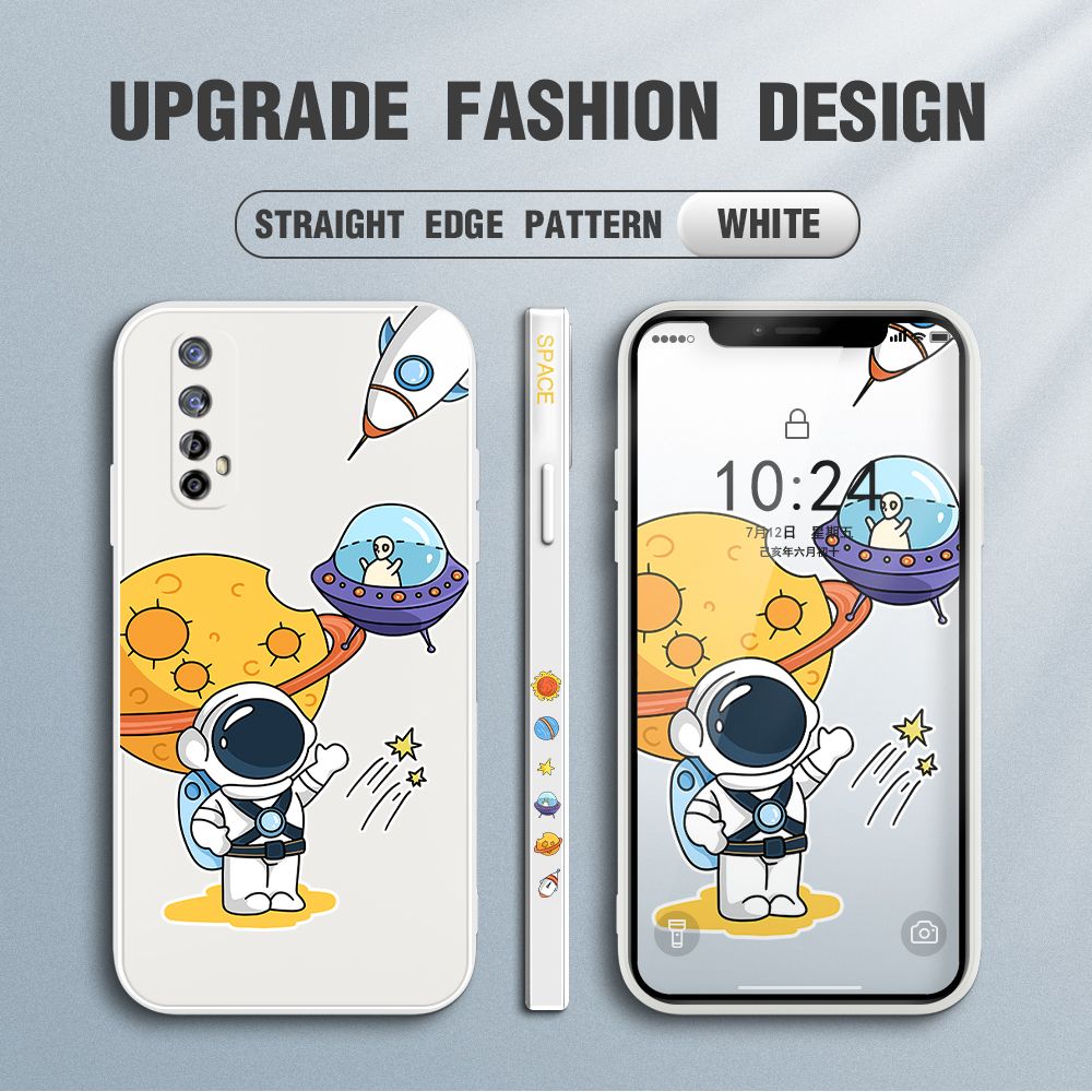 Jizetin for Realme 7 Case Side Design Phone Cover Moon Space Astronaut Cover Square Edge Pattern Liquid Silicone Trend Case