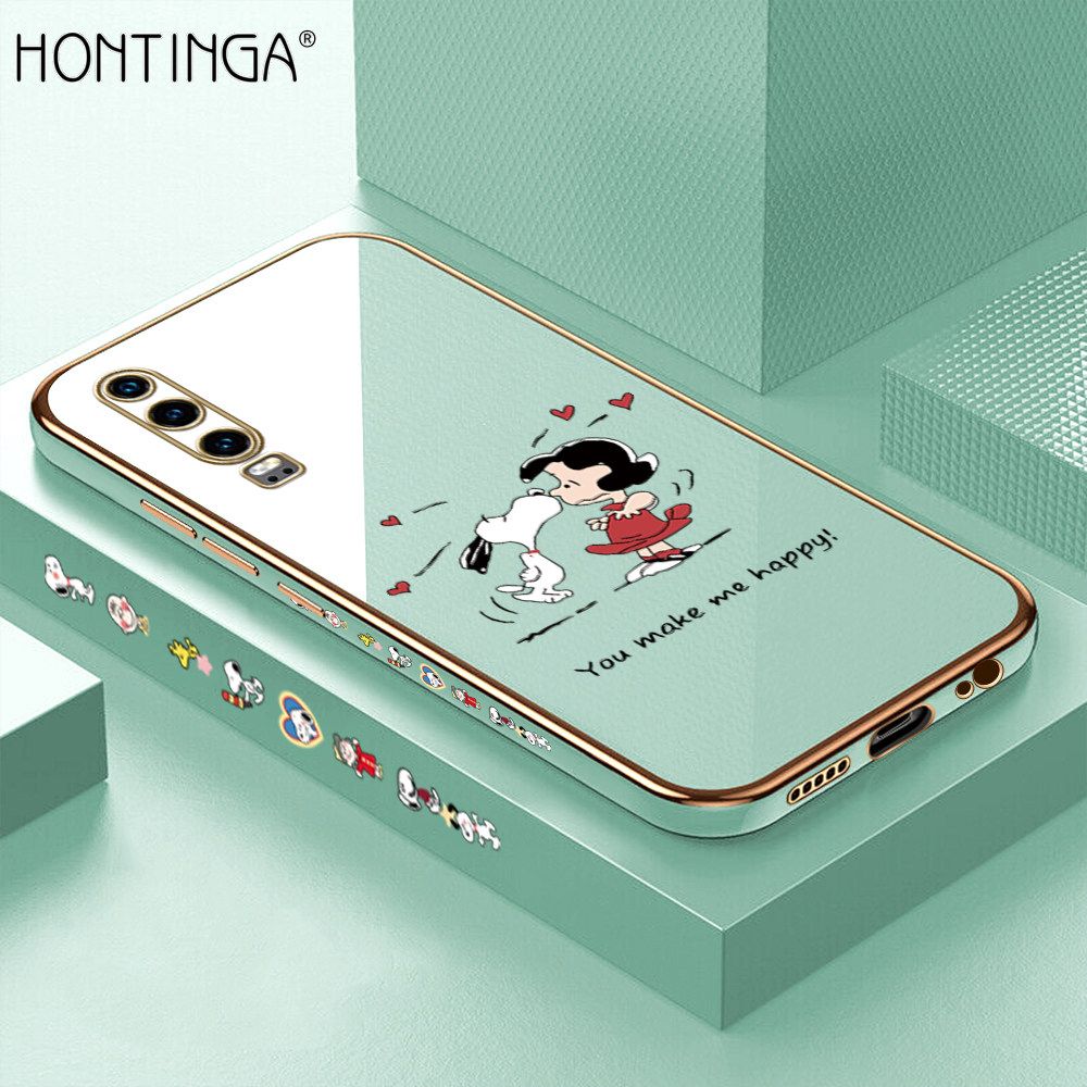 Hontinga for Huawei P30 Back Cover + Free Lanyard Luxury 6D Plating Happy Puppy and Girl Side Pattern Case Soft Silicone Square Mobile Cover