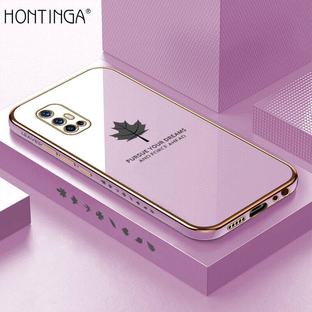 Hontinga for Vivo V17 Back Cover + Free Lanyard Luxury 6D Plating Maple Leaf Side Pattern Case Soft Silicone Square Phone Cases
