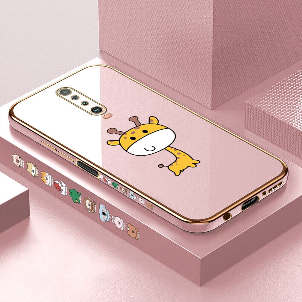 Luxury 6D Plating Case for Xiaomi Poco X2 Color Cute Giraffe Side Pattern Back Cover Soft Silicone Square Frame Shiny Bling Phone Cases + Free Lanyard