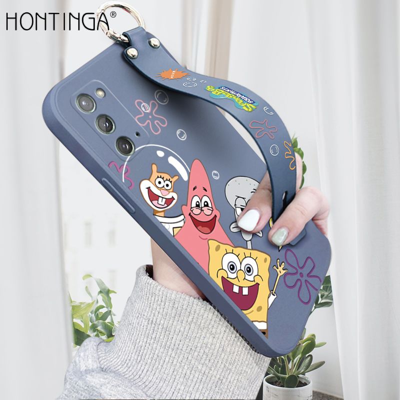 Hontinga for Samsung Galaxy Note 20 Wrist Strap Case Cute Cute Funny Cartoon Sponge for Square Pants Cover Square Edge Liquid Silicone Anti-drop Phone Case