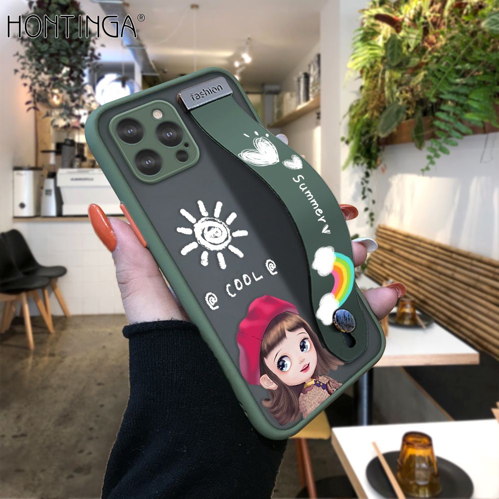 Hontinga for iPhone 12 Pro Back Cover With Wristband Cute Red Hood Girl Phone Casee Full Lens Protection Thin Frosted Cases