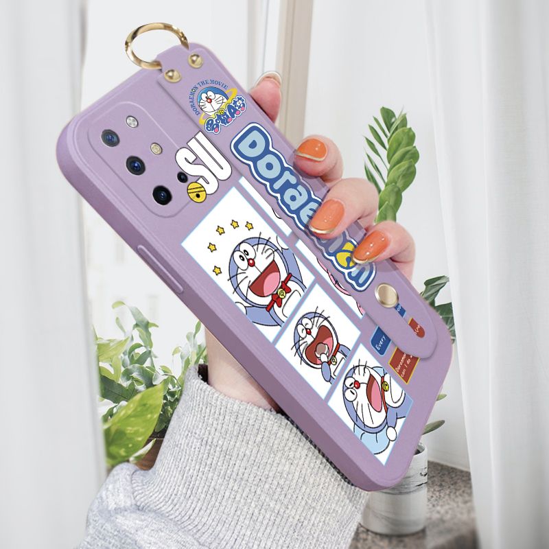 Jizetin for OnePlus 8T Wrist Strap Case Creative Cartoon Doraemon's Daily Life Cover Ultra Thin Anti Fall Liquid Silicone Phone Case