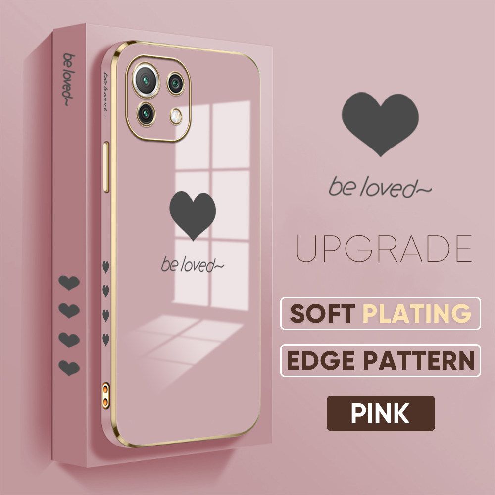 Jizetin (Free Lanyard) Xiaomi 11 Lite 5G NE Luxury 6D Plating Soft Casing Silicone Square Frame Phone Case Shiny Bling Back Cover New Lover Heart New design Side Drawing Case
