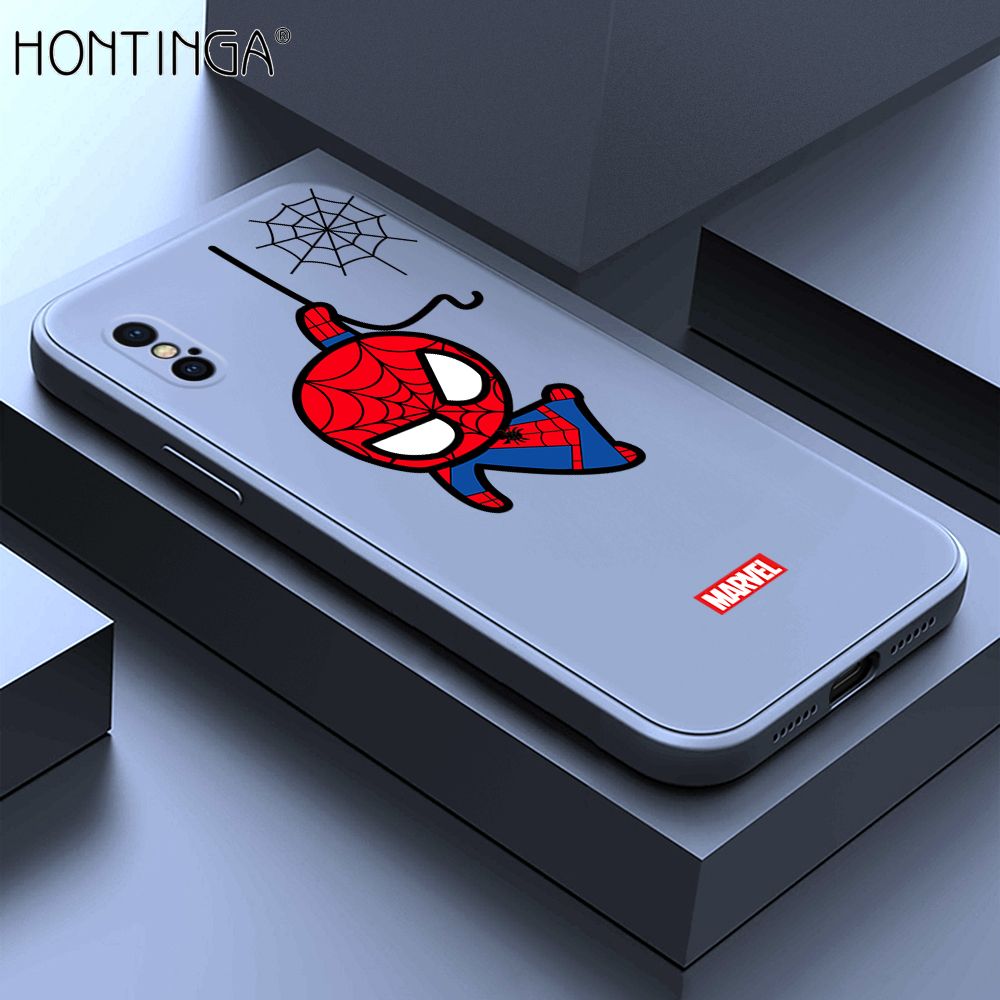 Hontinga for iPhone XS MAX Case Cute Marvel Avengers Cartoon Spiderman Spider Man Phone Case Square Edge Silicone Cases Full Lens Cover Shockproof Protection Case