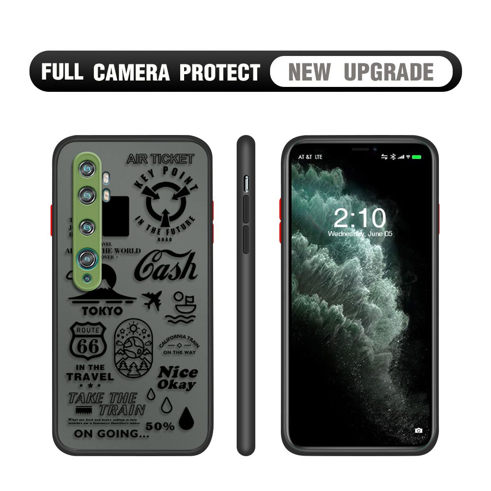 Hontinga for Xiaomi Note 10 Case Travel Poster Camera Shockproof Protection Cases Edge Frosted Transparent Phone Cover