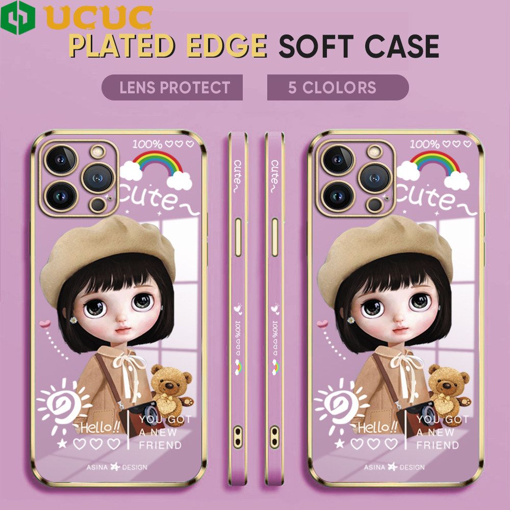 UCUC for iPhone 12 Pro Back Cover + Free Lanyard Sunshine Girl Luxury 6D Plating Case Side Pattern Soft Silicone Square Phone Cases