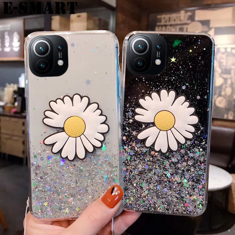 Phone Case Xiaomi 11 Lite Transparent Bling Glitter Cases Soft Clear Shining Sequin Back Cover with Daisy Flowers Folding Xiaomi Mi 11 Lite Case