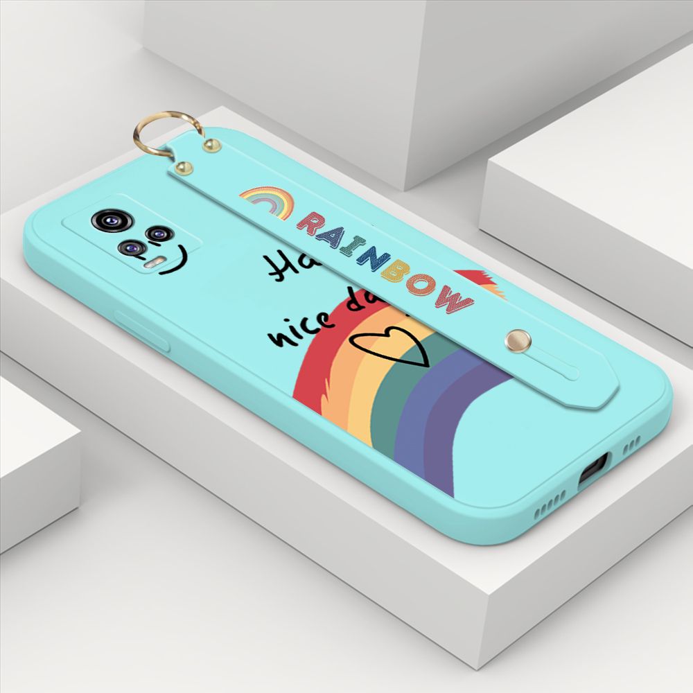 ZeroQiQi for Vivo V20 2021 Wrist Strap Case Lovely Graffiti Rainbow Smile Thin Phone Cover Square Edge Liquid Silicone Creativity Phone Case