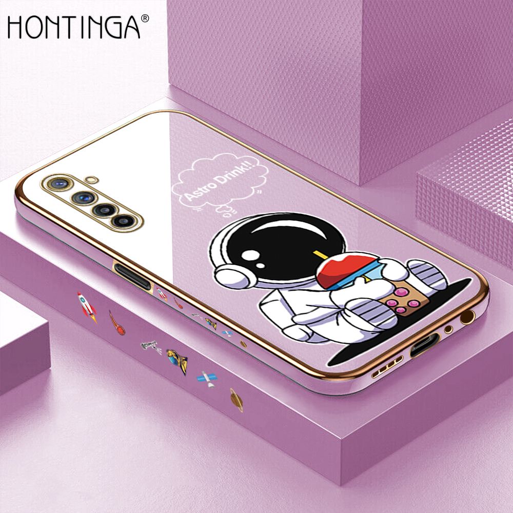 Hontinga for Realme 6 Pro Back Cover + Free Lanyard Luxury 6D Plating Cartoon Happy Astronaut Side Pattern Case Soft Silicone Square Mobile Cover