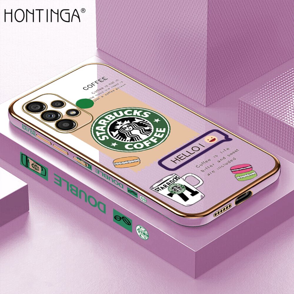 Hontinga for Samsung Galaxy A53 5G Back Cover + Free Lanyard Luxury 6D Plating Fashion Coffee Side Pattern Case Soft Silicone Square Phone Cases