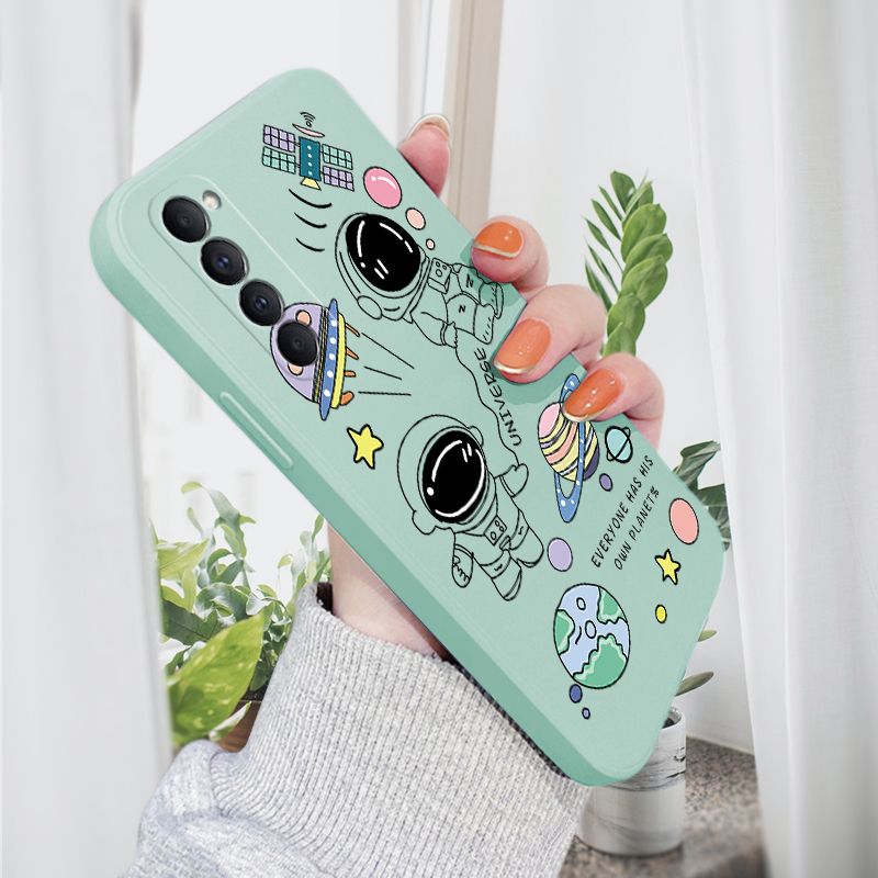 AMORVOR for OPPO Reno4 Pro Back Cover Cartoon Cute Astronaut Side design Soft Case Liquid Silicone Phone Cases