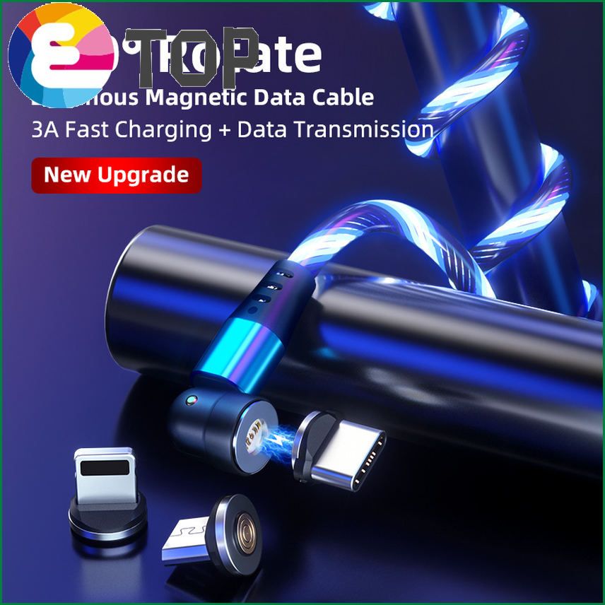 3A Flowing Light LED Magnetic Cable USB C Cable  Fast Charging Cord 540 Rotate Micro Type C Magnetic Phone Charging Cable