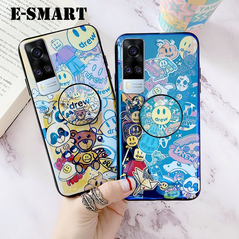 Phone Case Vivo Y31 Back cover With Jack Bracket Holder stand ring Fashion Cartoon Smile Face Blue Light Silicone Soft cases Cover Vivo Y31 Case