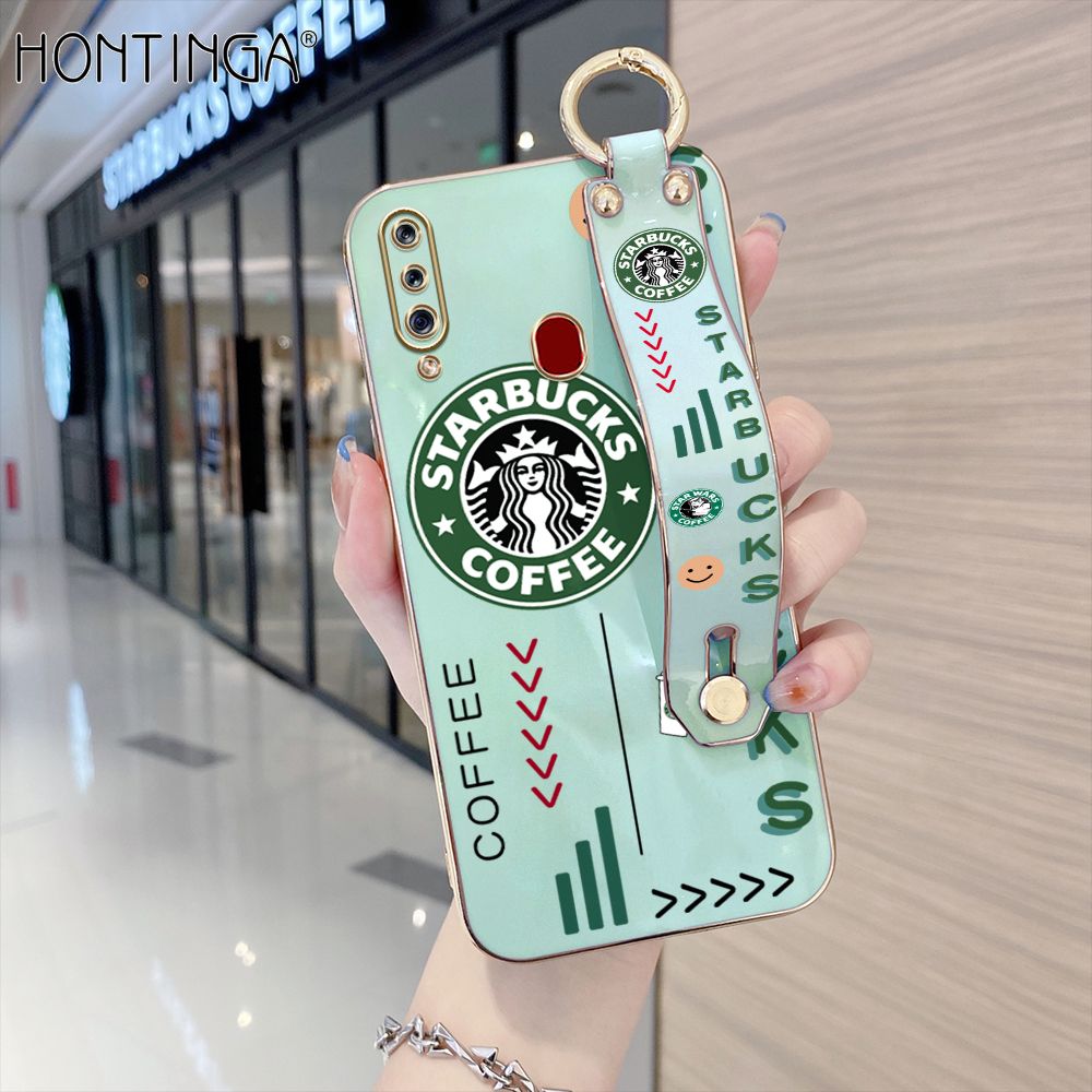 Hontinga for Samsung Galaxy A20S Back Cover With Wristband Luxury 6D Plating Coffee Sign Case Soft Silicone Square Phone Cases