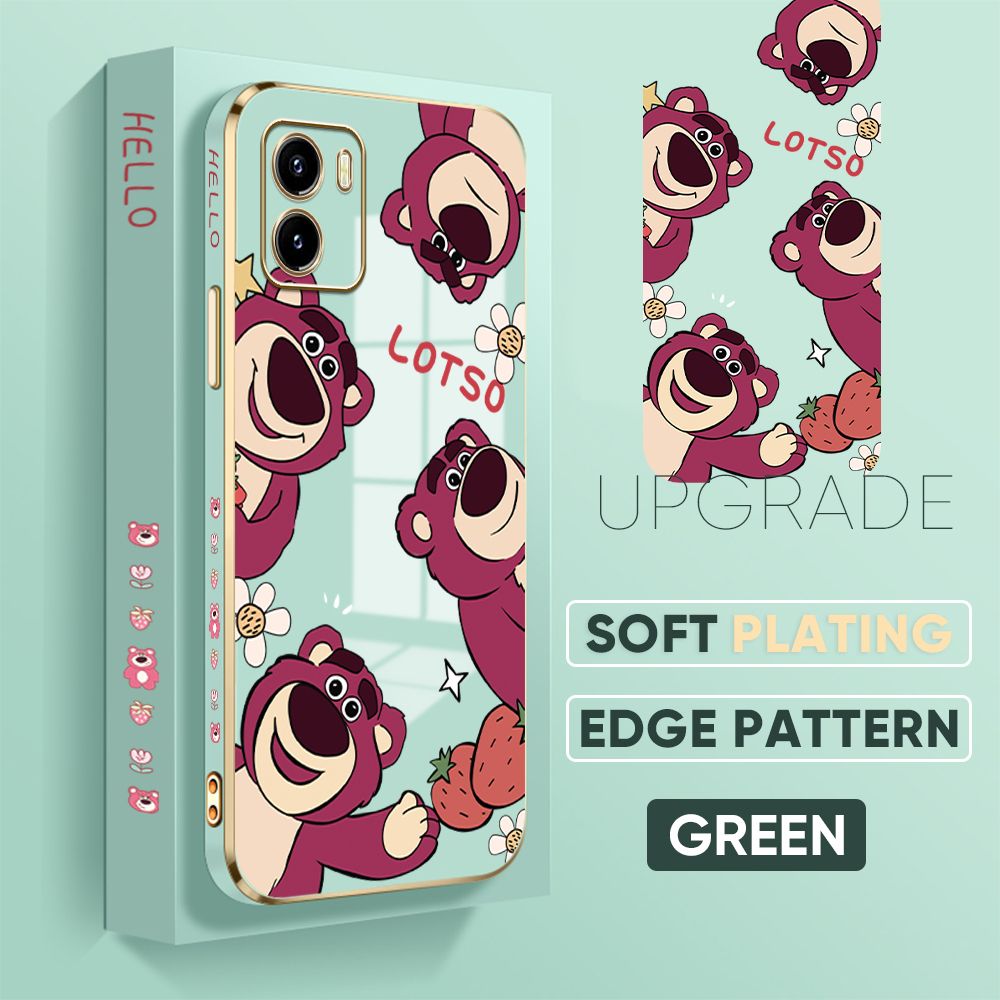 TA for Vivo Y01 / Y01A / Y15S / Y15A / Y15C Back Cover + Free Lanyard Cute Bear Luxury 6D Plating Case Side Pattern Soft Silicone Square Phone Cases