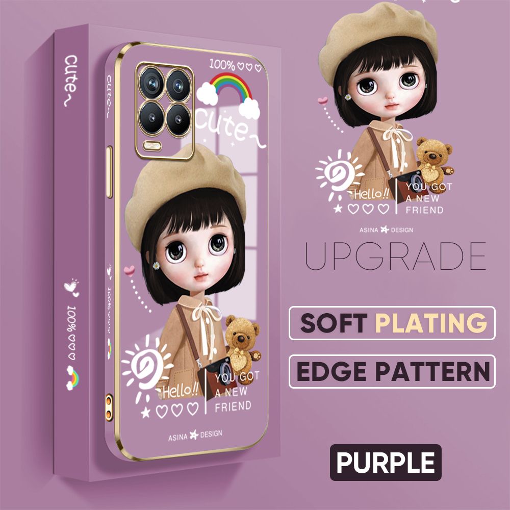 TA for Realme 8 4G / Realme 8 Pro Back Cover + Free Lanyard Satchel Girl Luxury 6D Plating Case Side Pattern Soft Silicone Square Phone Cases