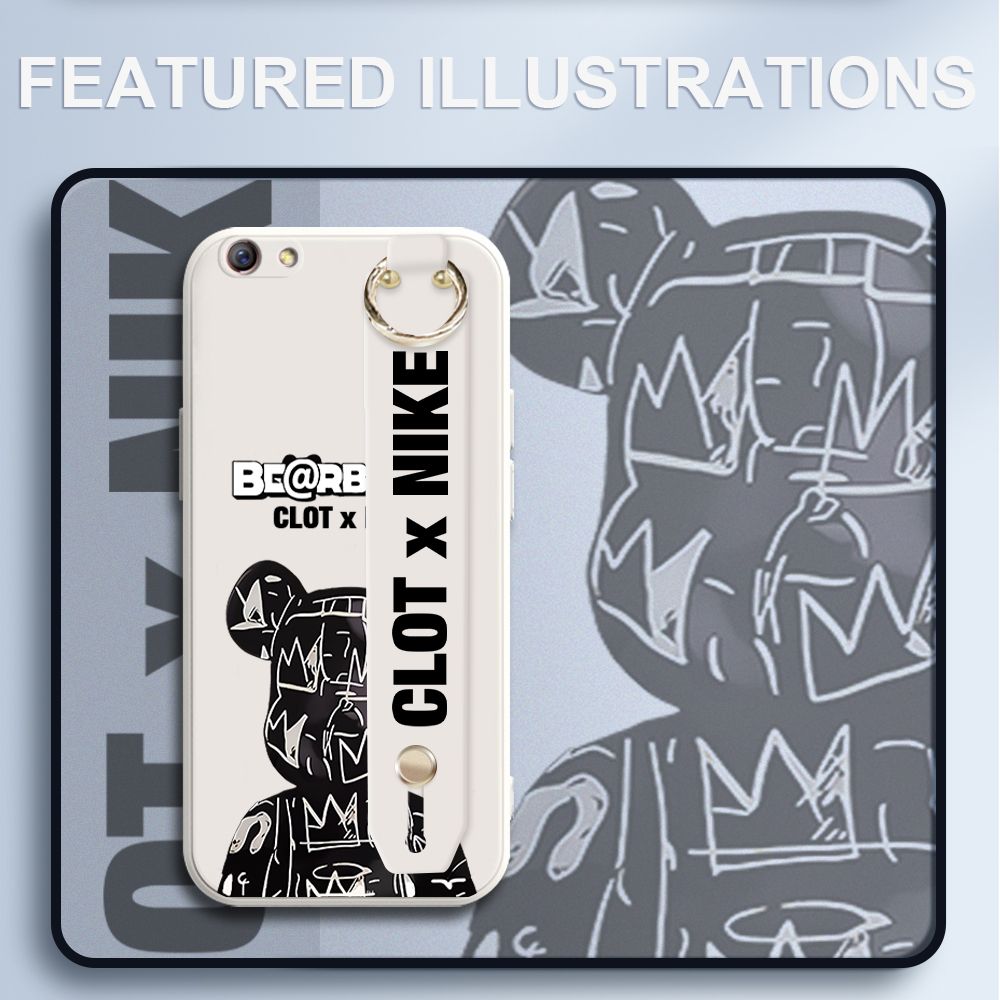 UCUC for OPPO R9S Wrist Strap Case Creative Cartoon Black Stitching Bear Cover Ultra Thin Anti Fall Liquid Silicone Phone Case