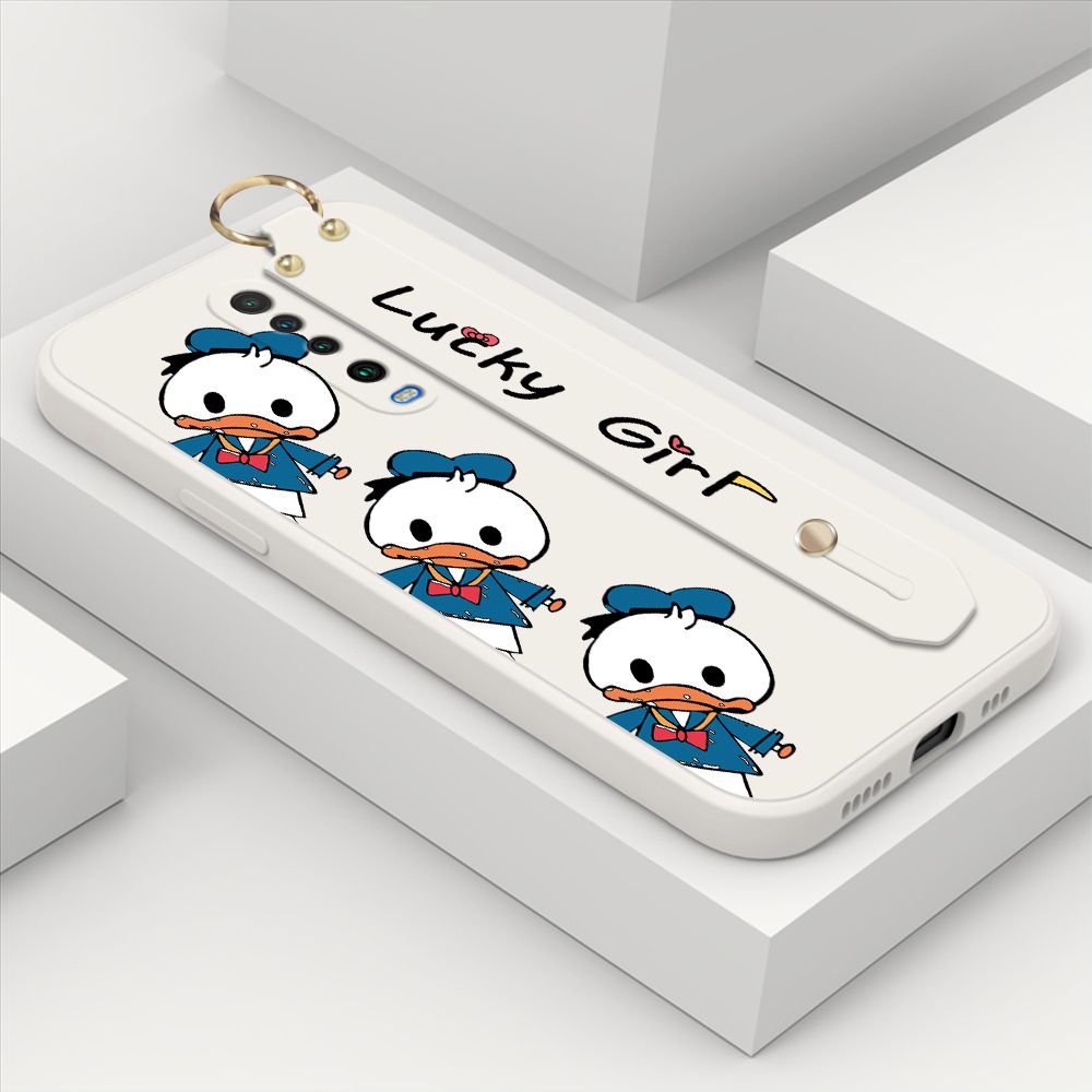 ZeroQiQi for Xiaomi Poco X2 Wrist Strap Case Cute Cartoon Little Duck Phone Case Square Edge Liquid Silicone Case Full Cover Camera Shockproof Protective Cases