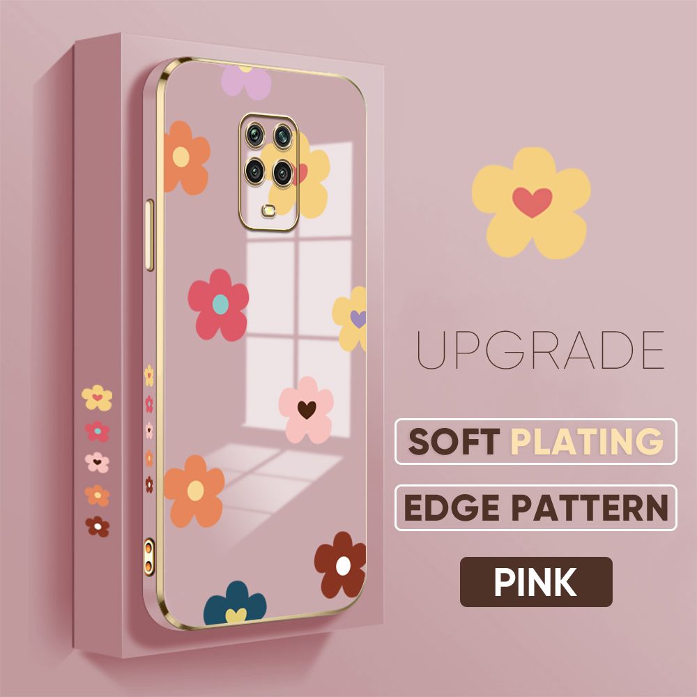 TA for Redmi Note 9S / Note 9 Pro / Note 9 Pro Max / Xiaomi Poco M2 Pro Back Cover + Free Lanyard Falling Flowers Luxury 6D Plating Case Side Pattern Soft Silicone Square Phone Cases