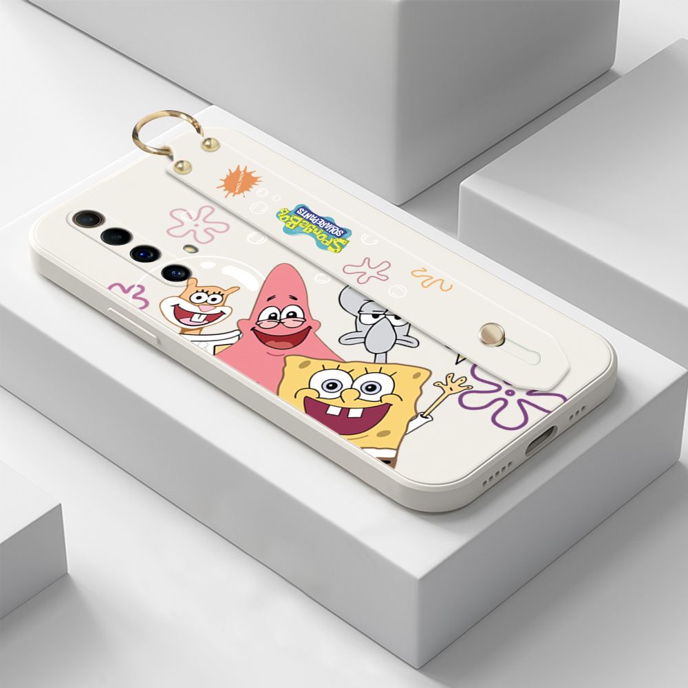 ZeroQiQi for Realme X50 Wrist Strap Case Cute Cute Funny Cartoon Sponge for Square Pants Cover Square Edge Liquid Silicone Anti-drop Phone Case