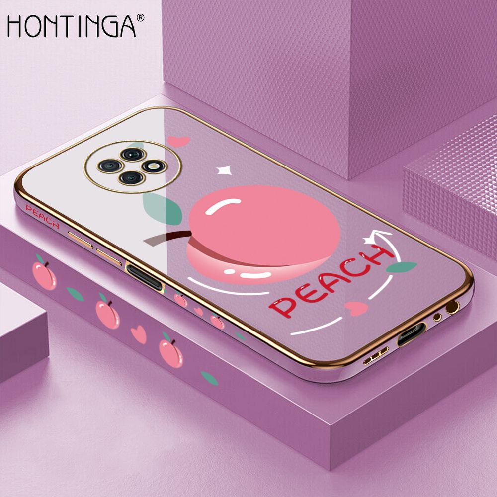 Hontinga for Xiaomi Redmi Note 9T Back Cover + Free Lanyard Luxury 6D Plating Cartoon Simple Peach Side Pattern Case Soft Silicone Square Mobile Cover