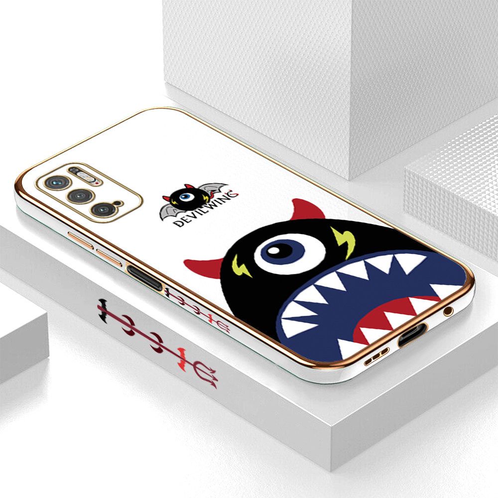 Luxury 6D Plating Case for Xiaomi Poco M3 Pro 5G Cartoon One-eyed Devil Wing Side Pattern Back Cover Soft Silicone Square Frame Shiny Bling Phone Cases + Free Lanyard