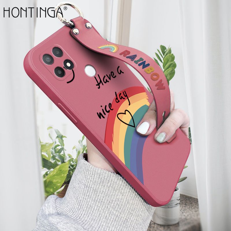 Hontinga for OPPO A15S Wrist Strap Case Lovely Graffiti Rainbow Smile Thin Phone Cover Square Edge Liquid Silicone Creativity Phone Case