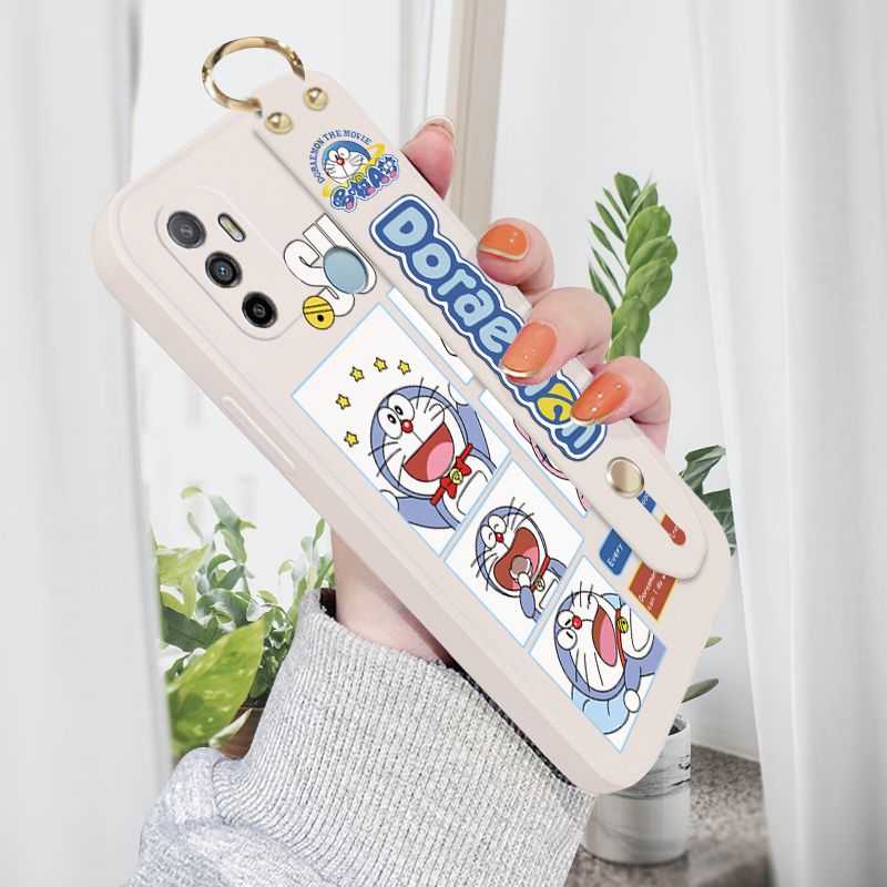 Jizetin for OPPO A53 2020 Wrist Strap Case Creative Cartoon Doraemon's Daily Life Cover Ultra Thin Anti Fall Liquid Silicone Phone Case