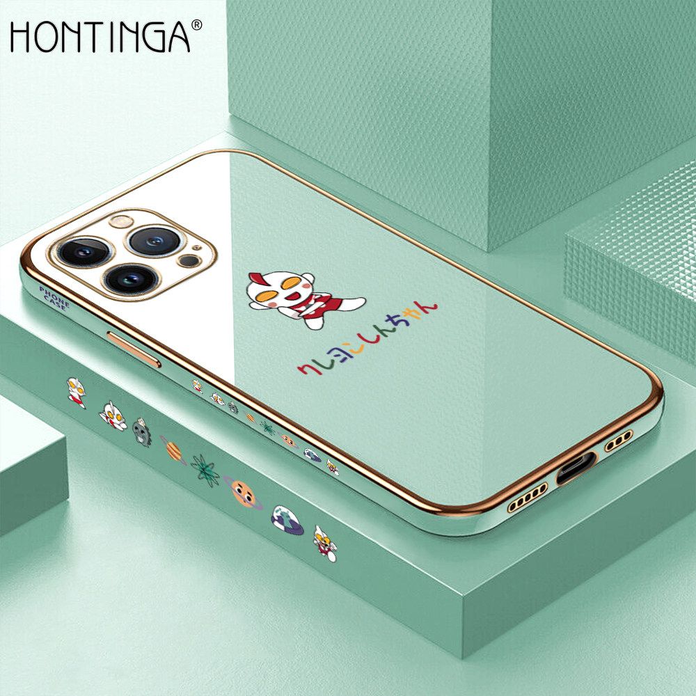 Hontinga for iPhone 13 Pro Back Cover + Free Lanyard Luxury 6D Plating Cartoon Childhood Memories Side Pattern Case Soft Silicone Square Mobile Cover