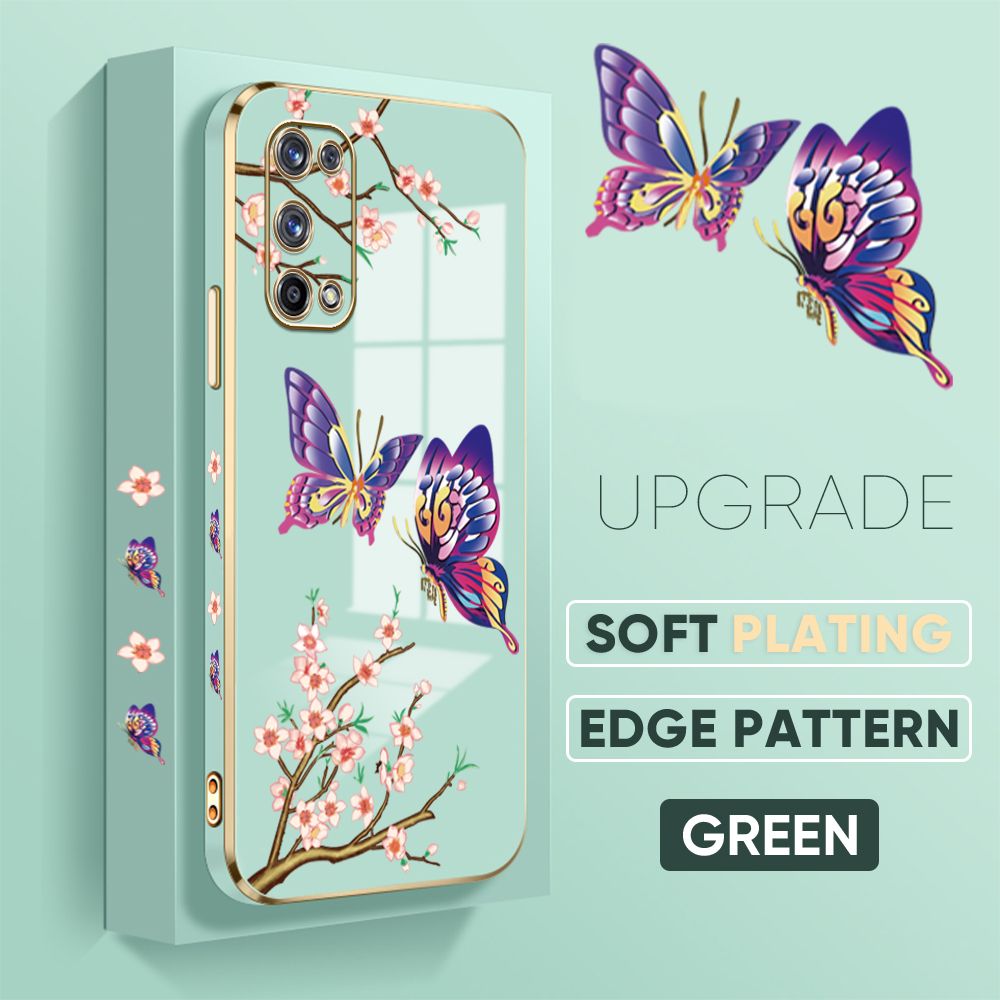 Jizetin (Free Lanyard) Realme X7 Pro X7 Pro 5G Back Cover Peach Blossom and Butterfly Luxury 6D Plating Case Side Pattern Soft Silicone Square Mobile Phone Cases