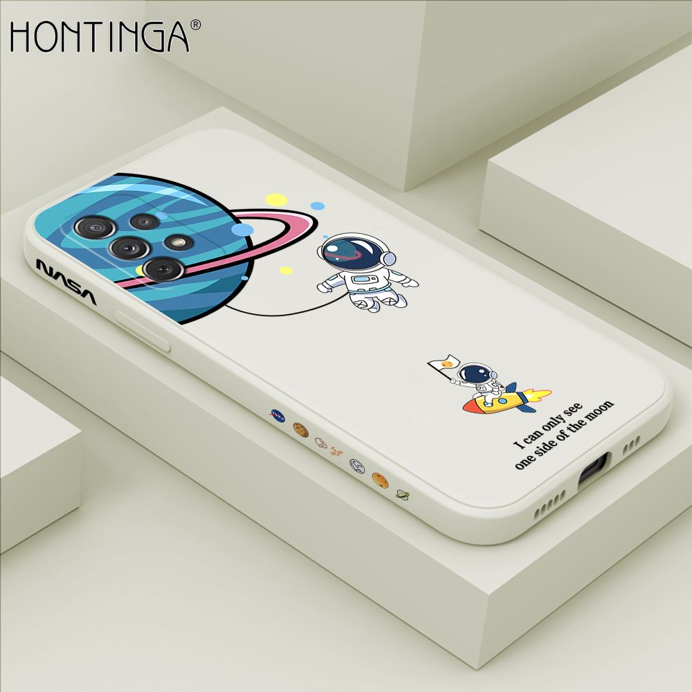 Hontinga for Samsung A72 5G / 4G Case Cartoon Astronaut Side Design Back Cover Soft Square Edge Liquid Silicone Phone Cases
