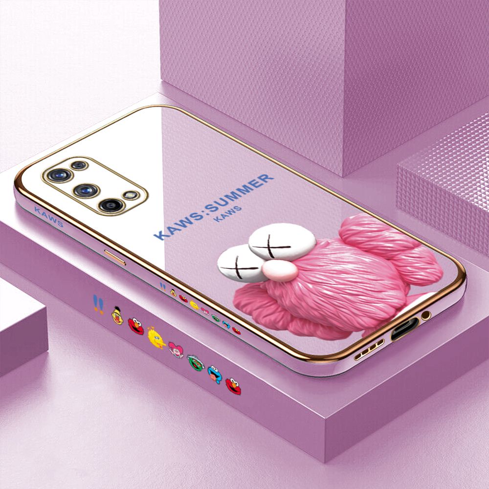 Luxury 6D Plating Case for Realme X7 Pro Pink Doll Side Pattern Back Cover Soft Silicone Square Phone Cases + Free Lanyard