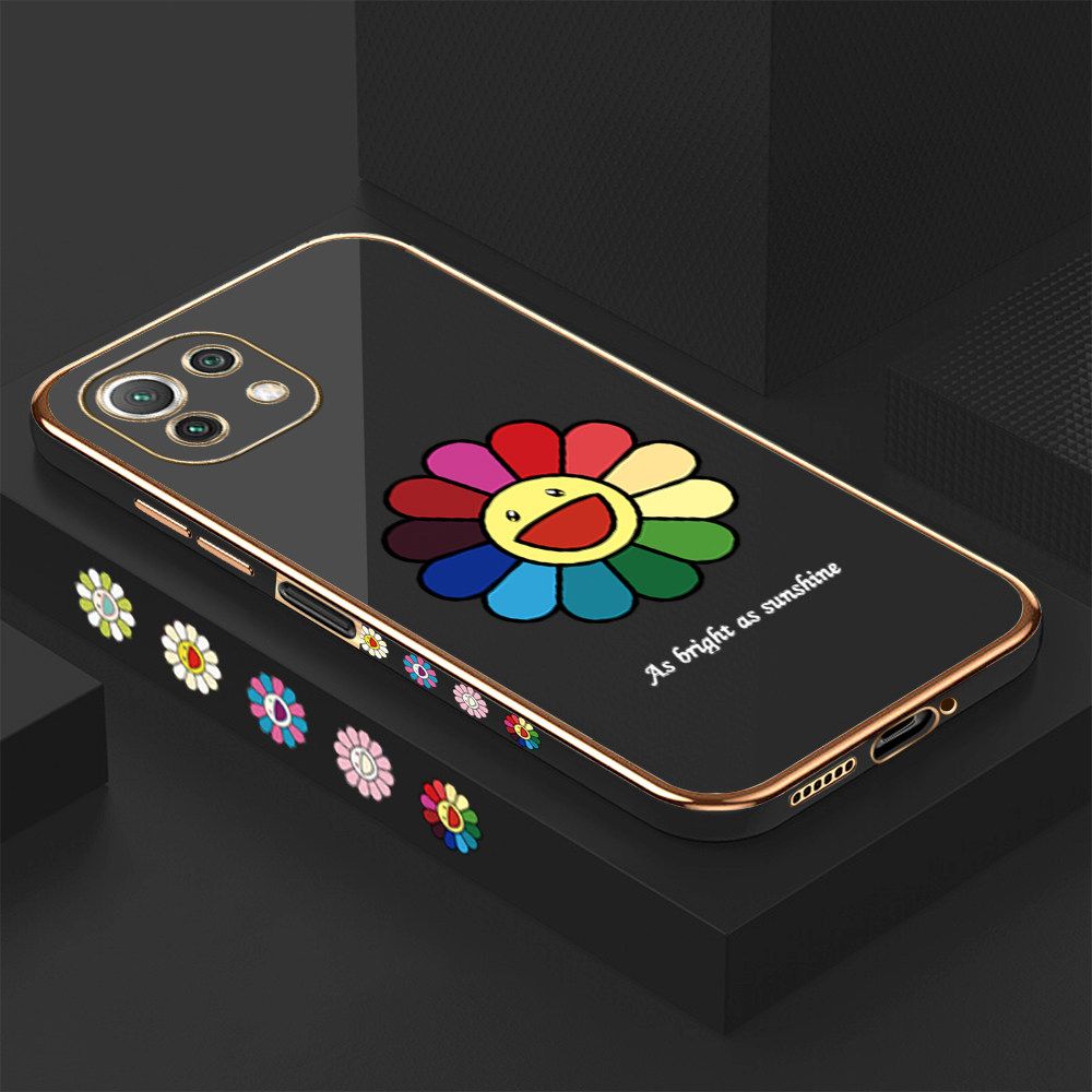 Luxury 6D Plating Case for Xiaomi 11 Lite 5G NE Colored Sunflower Side Pattern Back Cover Soft Silicone Square Frame Shiny Bling Phone Cases + Free Lanyard